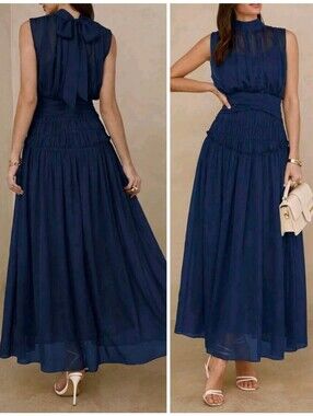 New Flowy Chiffon Smocked Waist Tie Back Halter Midi Dress Navy Blue